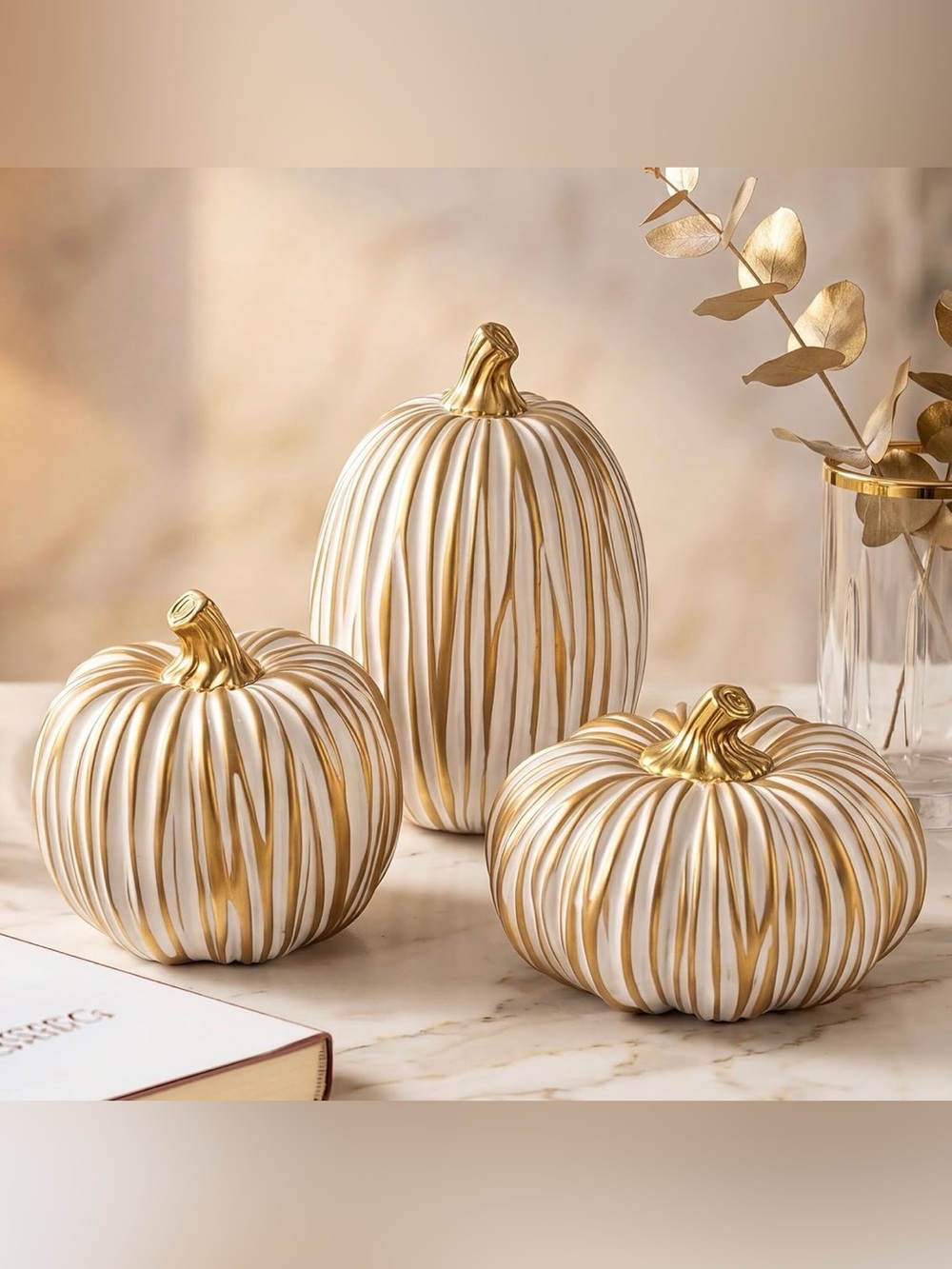 NWT 3Pc Elegant White and Gold Ceramic Resin Pumpkin Set